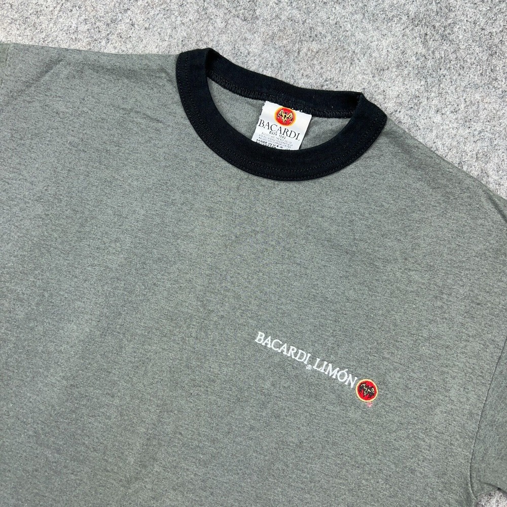 VTG Bacardi Shirt Mens‎ Medium Gray Limon Rum Promo Graphic Ringer Tee 90s USA